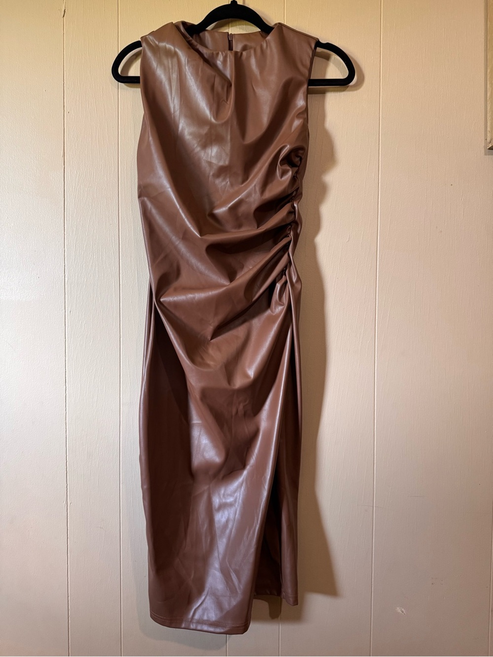 SHEIN Brown Sleeveless Faux Leather Ruched Midi Dress